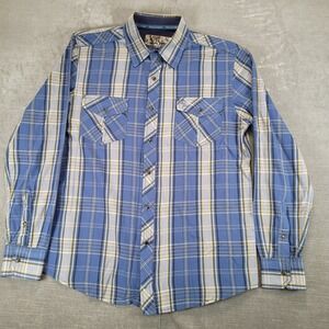 Realtree Mens Medium Blue Yellow‎ Plaid Pearl Snap Long Sleeve Western Shirt